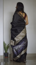 Load image into Gallery viewer, Handloom Sari in Black &amp; Beige with a blouse piece and colorful stripes on pallu
