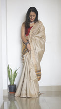 Load image into Gallery viewer, Handwoven Beige Tussar Silk sari has brown stripes on the pallu
