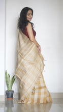 Load image into Gallery viewer, Yellow handloom silk sari with all over check pattern except on the pallu
