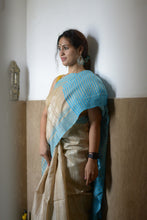 Load image into Gallery viewer, Beige Tussar Silk Saree with blue stripes on pallu and border
