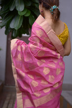 Load image into Gallery viewer, Handloom Chanderi Sari in Pink with Gold Motifs on it
