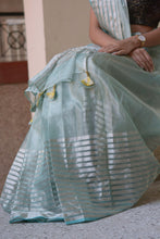 Load image into Gallery viewer, Chanderi Saree in Aqua with stripes on it
