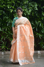 Load image into Gallery viewer, Peach Chanderi saree with silver motifs and border
