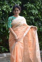 Load image into Gallery viewer, Handloom Chanderi Saree in Peach with silver motifs
