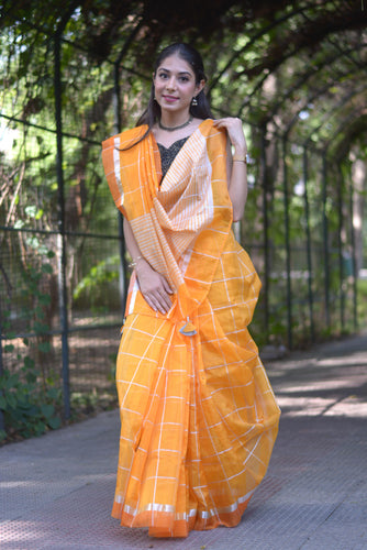 Orange Kota Doria saree in check detail