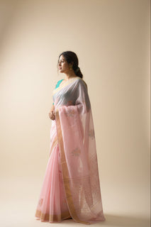 Load image into Gallery viewer, Handloom Chanderi Saree in Pink with leaf motifs
