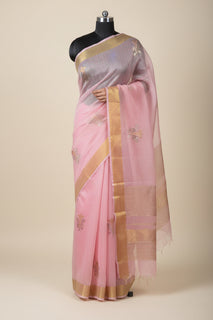 Load image into Gallery viewer, Handloom Chanderi Saree in Pink with leaf motifs

