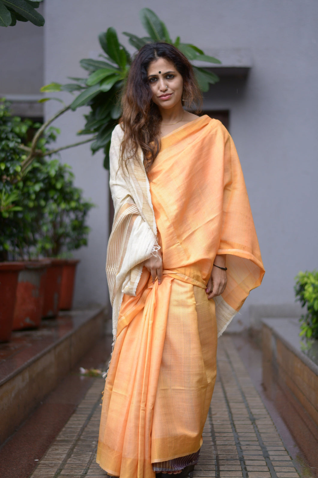 Golden Orange Tussar Silk Saree with woven stripe detail