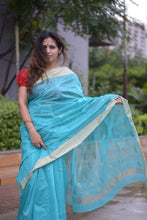 Load image into Gallery viewer, Handloom Chanderi Saree in Sky Blue with gold motifs on pallu and gold border
