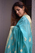 Load image into Gallery viewer, Chanderi Saree in Sky Blue with gold motifs on pallu and gold border
