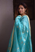 Load image into Gallery viewer, Handloom Chanderi Saree in Sky Blue with gold motifs and gold border
