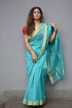 Load image into Gallery viewer, Sky Blue Chanderi Saree with gold motifs on pallu and gold border
