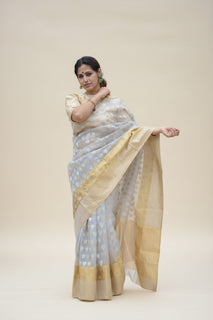 Load image into Gallery viewer, Grey Handloom Chanderi Saree with Gold and Silver Zari Work
