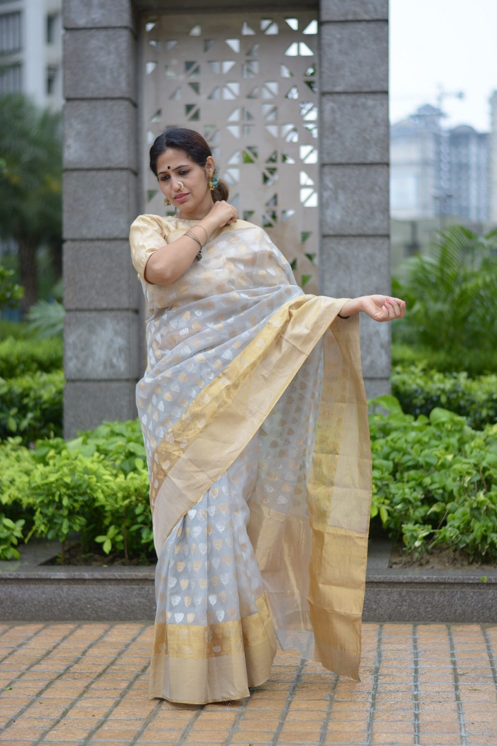 Grey Chanderi Saree with gold silver zari work