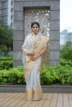 Load image into Gallery viewer, Grey Chanderi Saree with gold silver zari work
