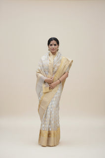 Load image into Gallery viewer, Woman Wearing Grey Handloom Chanderi Saree
