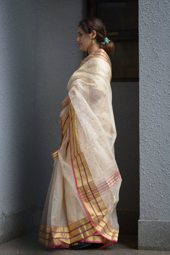 Beige Chanderi Handloom saree with gold border