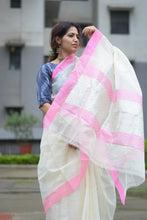 Load image into Gallery viewer, White saree - Handloom Kota Doria saree has pink border and silver zari work
