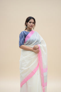 Load image into Gallery viewer, Authentic White Handloom Kota Doria Saree with Pink Border
