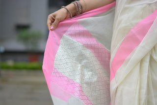 Load image into Gallery viewer, Close Up of White Handloom Kota Doria Saree with Silver Zari Border
