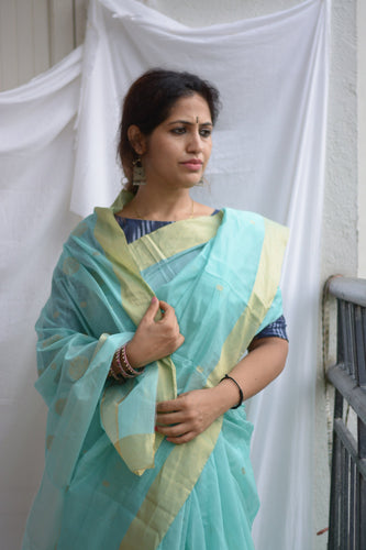 Sea Blue Handwoven Chanderi Silk Saree