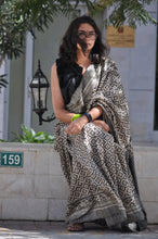 Load image into Gallery viewer,  Tussar Silk Saree with black striped blouse
