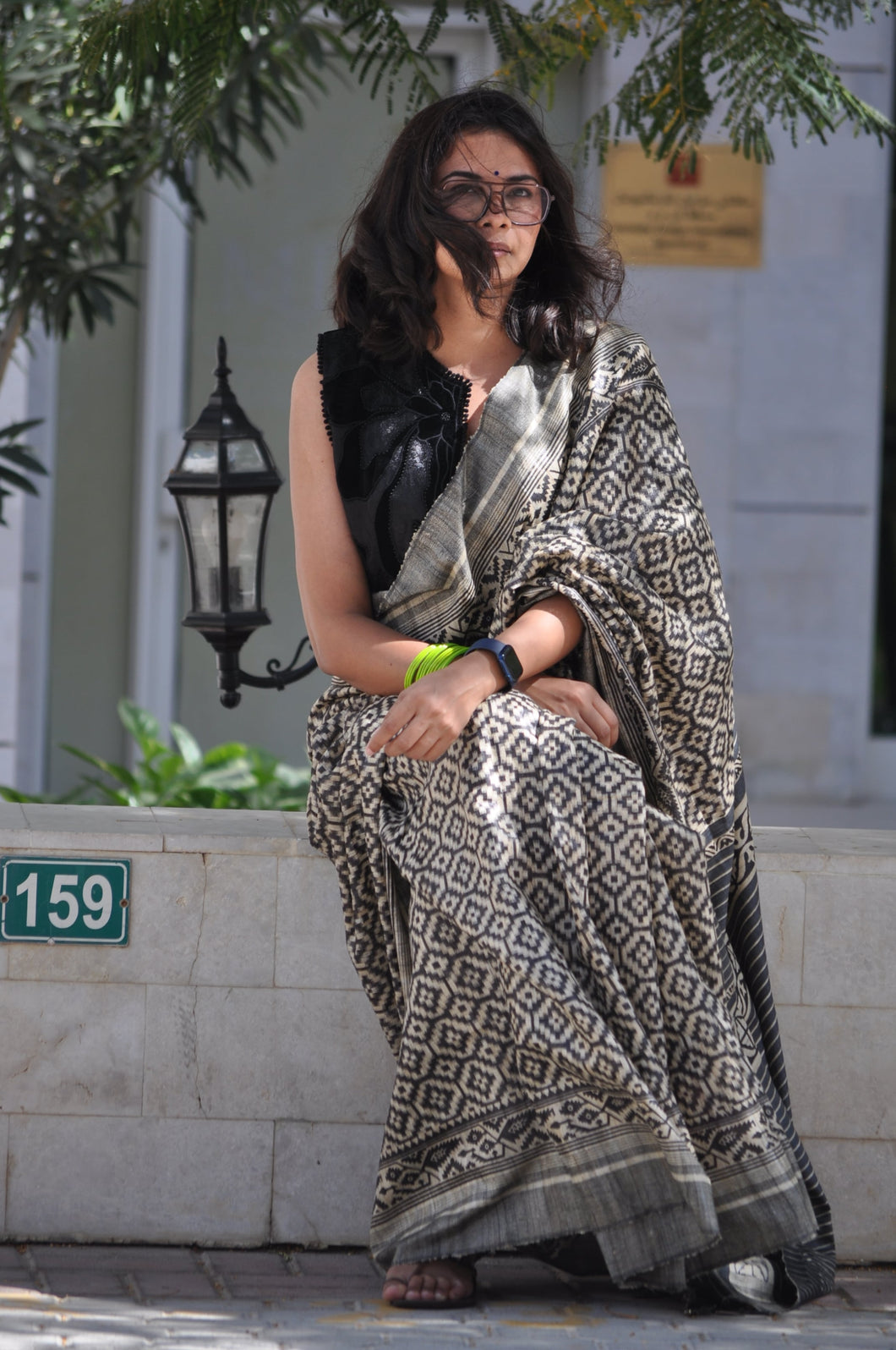  Tussar Silk Saree with black striped blouse