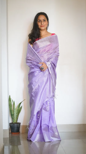 Lavender tissue silk sari with silver zari border