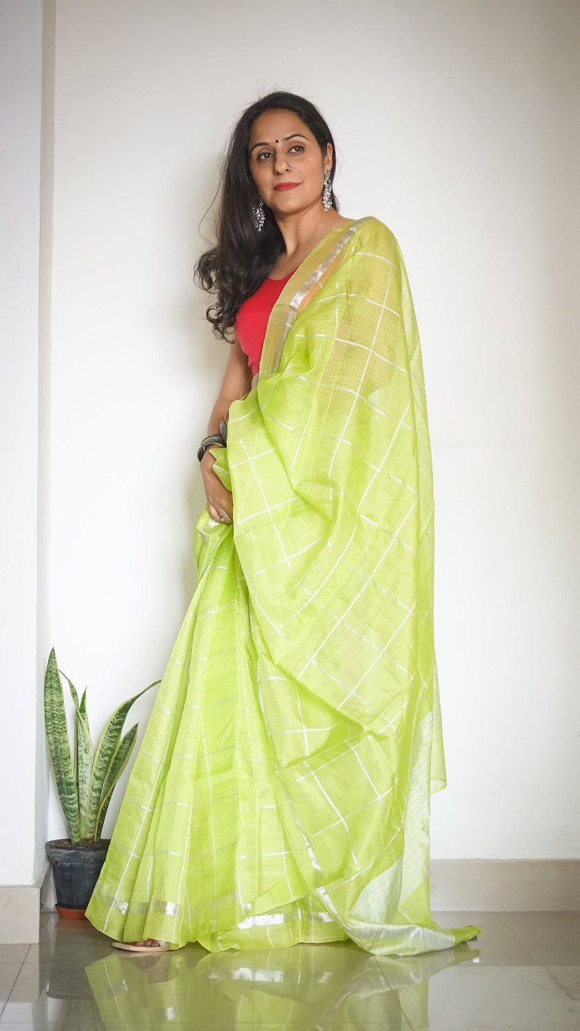 Handwoven Kota Doria Sari with all over check detail and Zari work