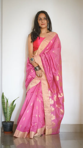 Handloom Chanderi Sari in Pink with Gold Motifs on it