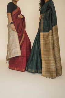Load image into Gallery viewer, Red-check Handwoven Tussar Silk Saree
