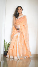 Load image into Gallery viewer, Handloom Chanderi Silk Sari in Peach with Silver Motifs 
