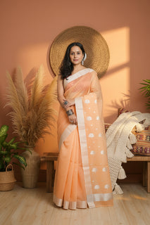 Load image into Gallery viewer, Handloom Chanderi Silk Sari in Peach with Silver Motifs 
