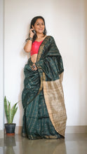 Load image into Gallery viewer, Green dupion silk sari with all over check pattern and solid beige pallu with tassel detail
