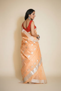 Load image into Gallery viewer, Handloom Chanderi Silk Sari in Peach with Silver Motifs 
