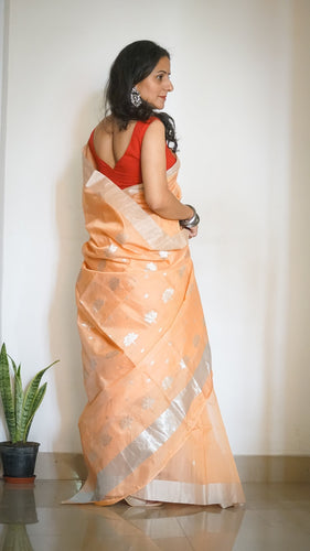 Handloom Chanderi Silk Sari in Peach with Silver Motifs 