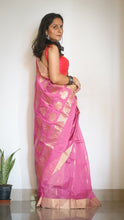 Load image into Gallery viewer, Handloom Chanderi Sari in Pink with Gold Motifs on it
