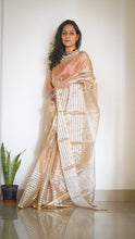 Load image into Gallery viewer, Handloom Chanderi Sari in Gold with Zari stripes and red tassel
