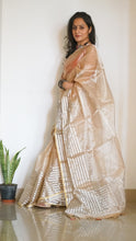 Load image into Gallery viewer, Handloom Chanderi Sari in Gold with Zari stripes and red tassel
