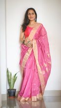 Load image into Gallery viewer, Handloom Chanderi Sari in Pink with Gold Motifs on it
