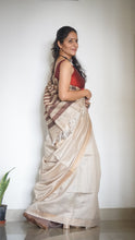 Load image into Gallery viewer, Handwoven Beige Tussar Silk sari has brown stripes on the pallu
