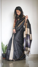 Load image into Gallery viewer, Handloom Sari in Black &amp; Beige with a blouse piece and colorful stripes on pallu
