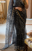 Load image into Gallery viewer, Black block printed kota doria sari paired with contrasting block printed blouse
