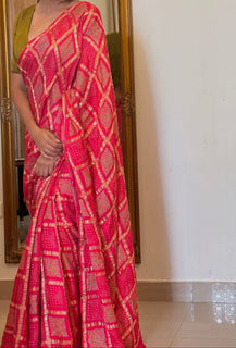 Load image into Gallery viewer, Pink Gharchola Bandhani Block Printed Sari paired with a contrasting green blouse. 
