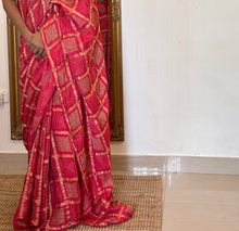 Load image into Gallery viewer, Pink Gharchola Bandhani Block Printed Sari paired with a contrasting green blouse. 
