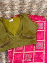 Load image into Gallery viewer, Pink Gharchola Bandhani Block Printed Saree paired with a contrasting green blouse. 
