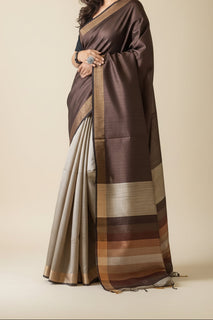 Load image into Gallery viewer, Multicolored Tussar Silk Saree with Brown and Beige as prominent colors. The handloom silk sari comes with a blouse piece
