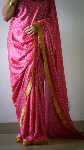 Pink Bandhej Sari with Gota Lace on border