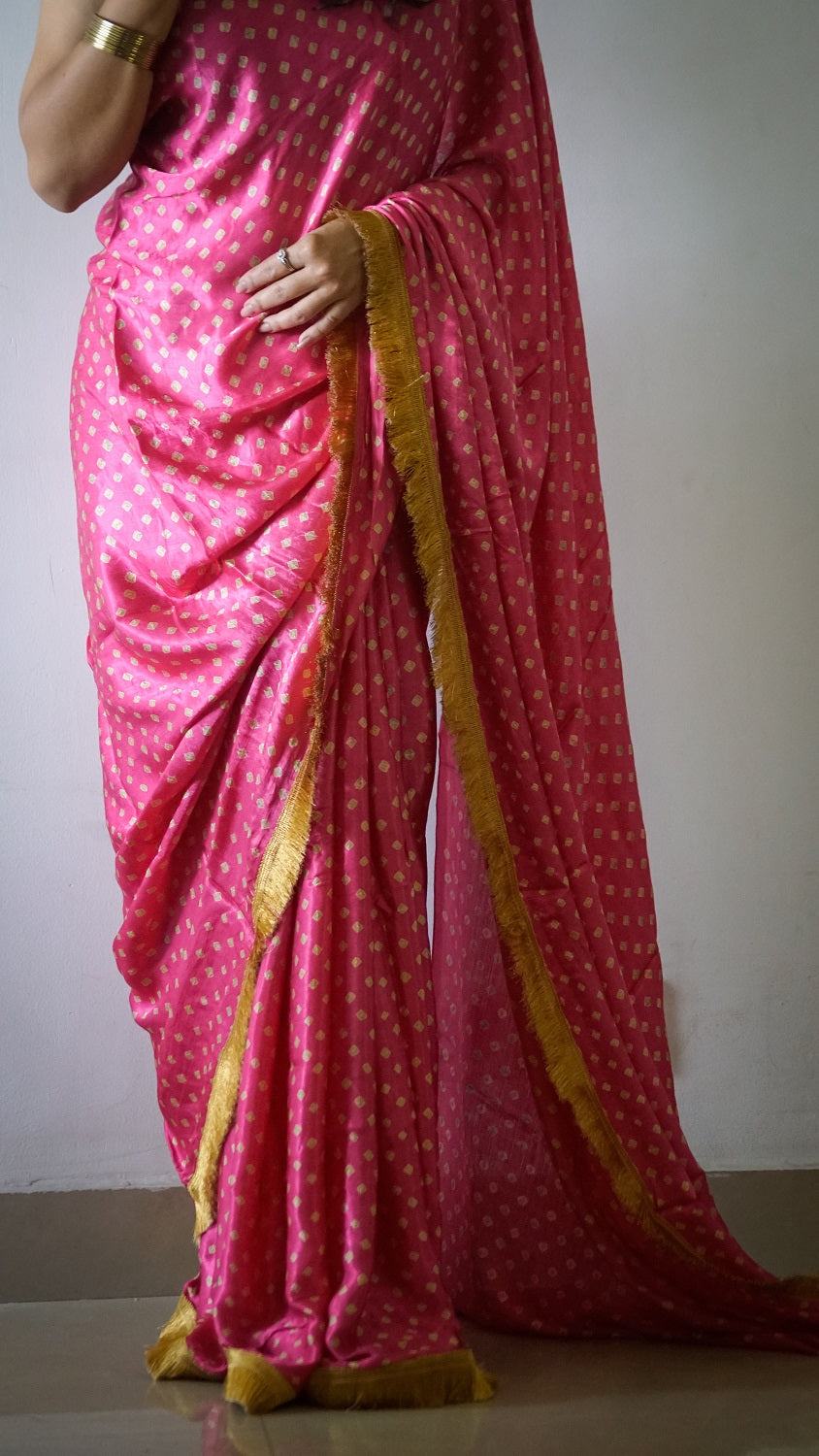 Pink Bandhej Sari with Gota Lace on border