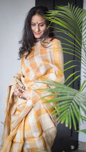 Load image into Gallery viewer, Yellow handloom silk sari with all over check pattern except on the pallu
